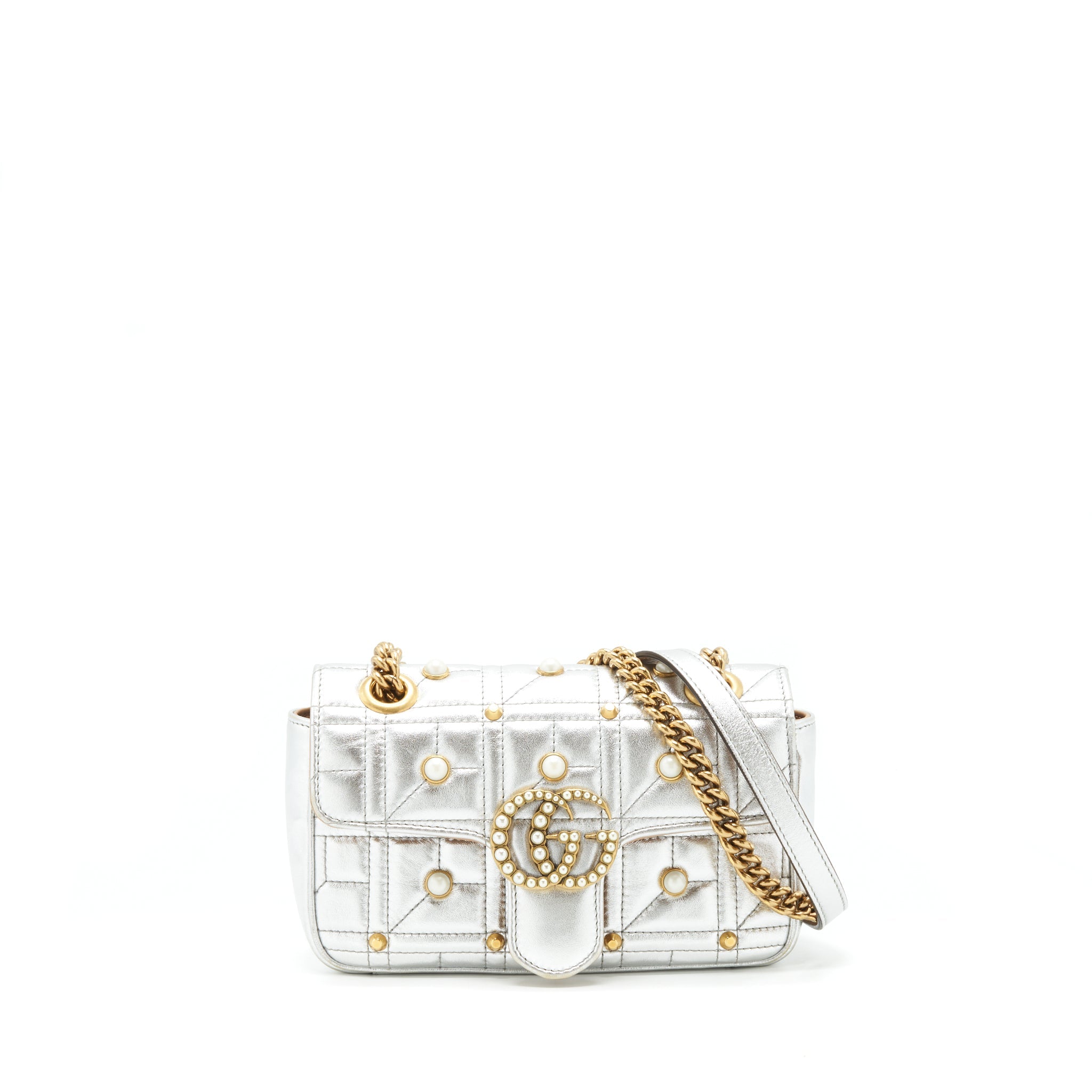 GUCCI MINI GG MARMONT FLAP BAG LIMITED EDITION SILVER WITH PEARL/GOLD HARDWARE