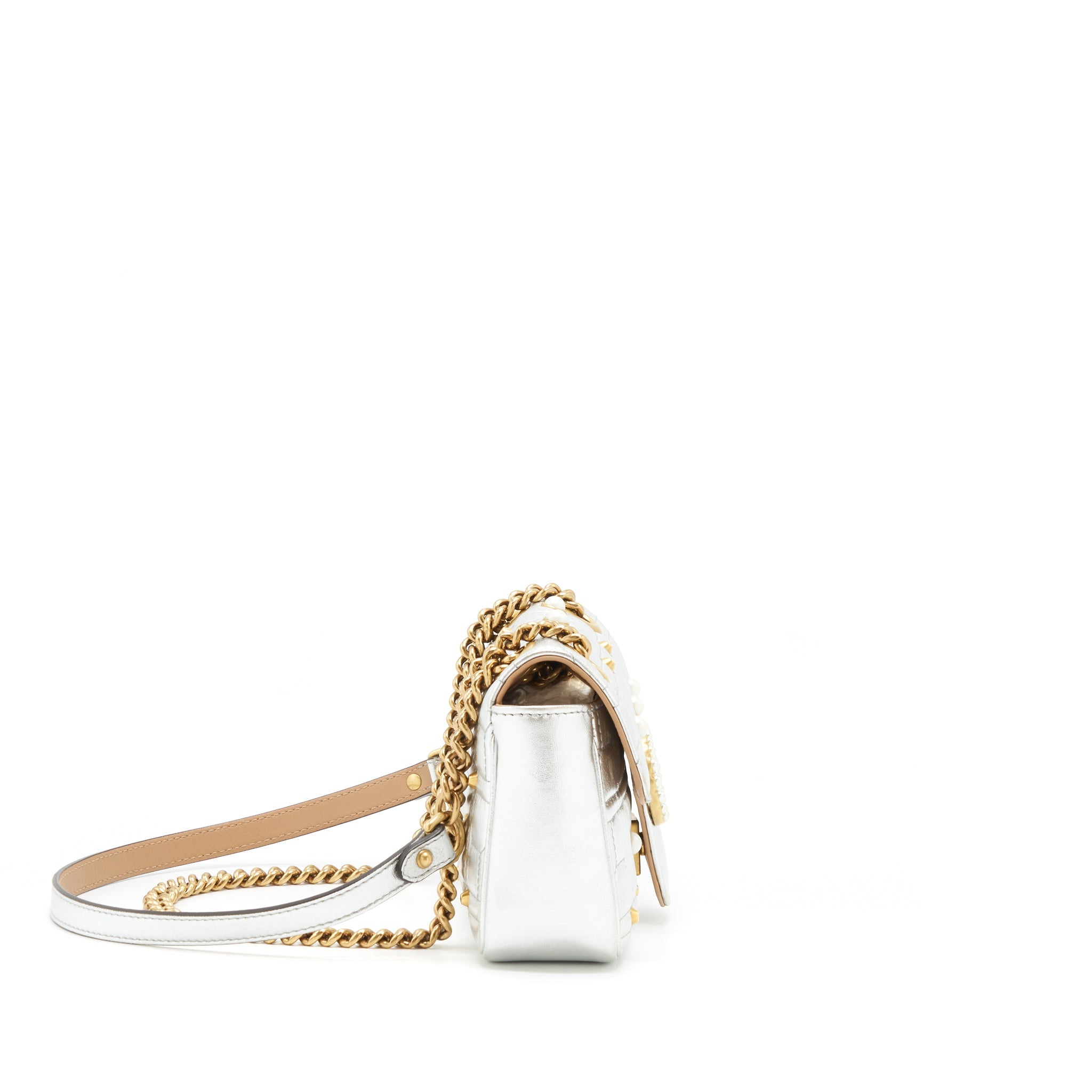 GUCCI MINI GG MARMONT FLAP BAG LIMITED EDITION SILVER WITH PEARL/GOLD HARDWARE