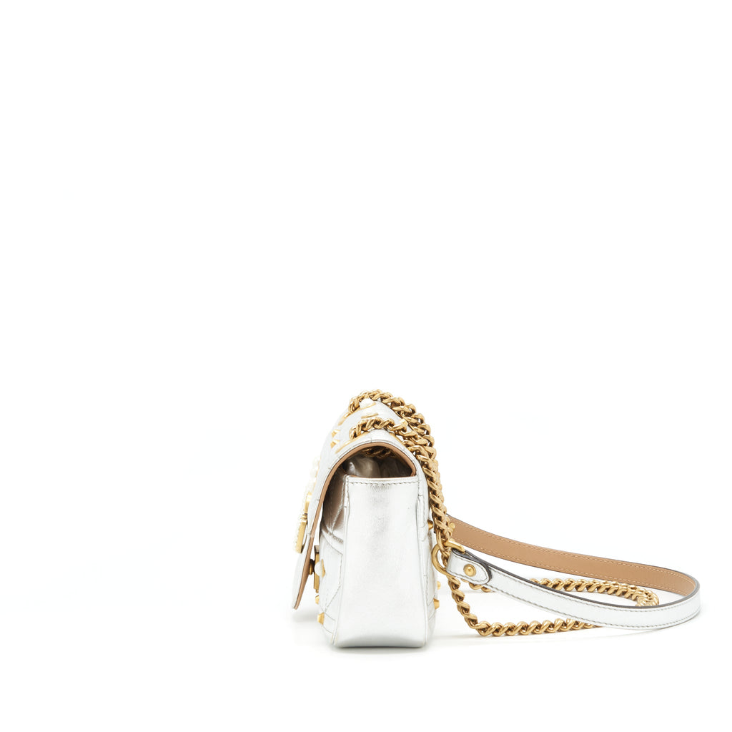 GUCCI MINI GG MARMONT FLAP BAG LIMITED EDITION SILVER WITH PEARL/GOLD HARDWARE
