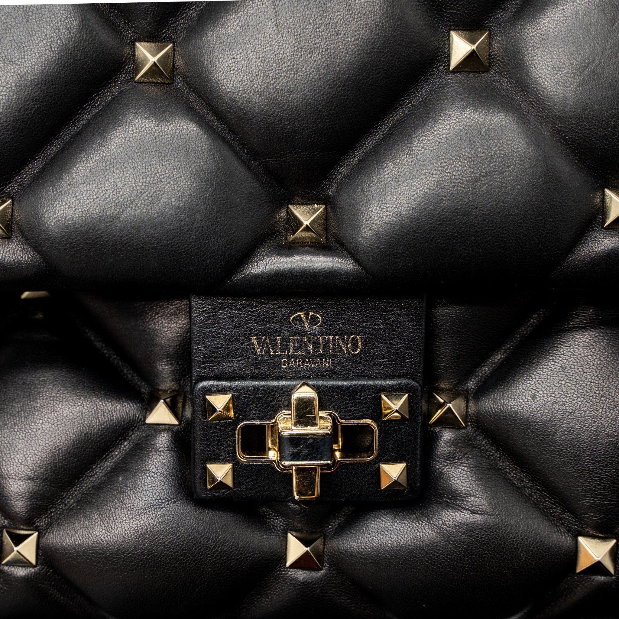 VALENTINO TOP HANDLE QUILTED CANDYSTUD FLAP BAG LAMBSKIN BLACK LGHW