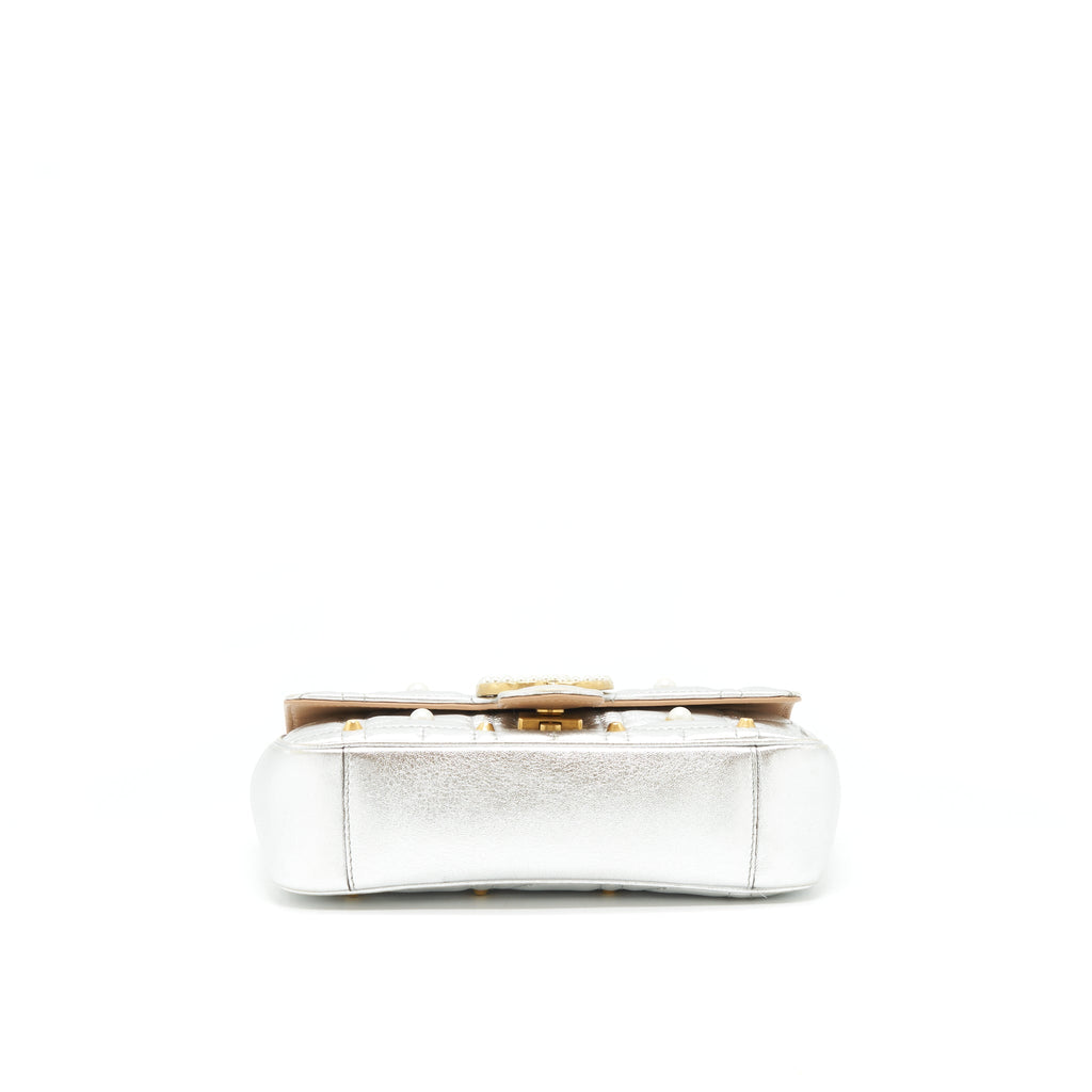 GUCCI MINI GG MARMONT FLAP BAG LIMITED EDITION SILVER WITH PEARL/GOLD HARDWARE