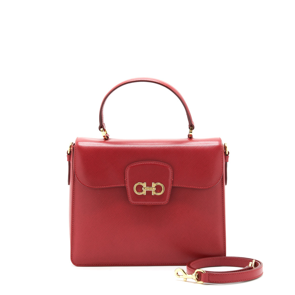 FERRAGAMO TOP HANDLE TOTE BAG SAFFIANO LEATHER RED GHW