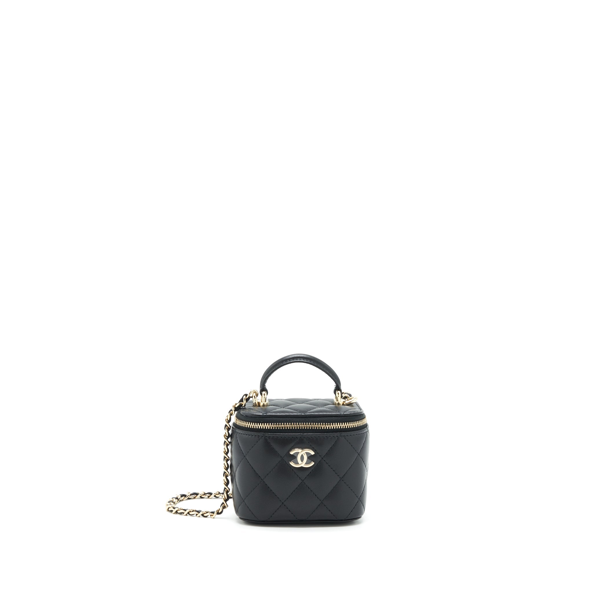 CHANEL 22P TOP HANDLE MINI VANITY WITH CHAIN WITH MIRROR INSIDE LAMBSKIN BLACK LGHW