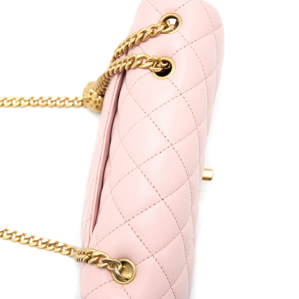 CHANEL 23S CAMELLIA CHAIN MINI RECTANGULAR FLAP BAG LAMBSKIN LIGHT PINK GHW (MICROCHIP)