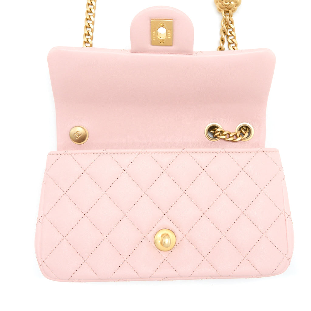 CHANEL 23S CAMELLIA CHAIN MINI RECTANGULAR FLAP BAG LAMBSKIN LIGHT PINK GHW (MICROCHIP)