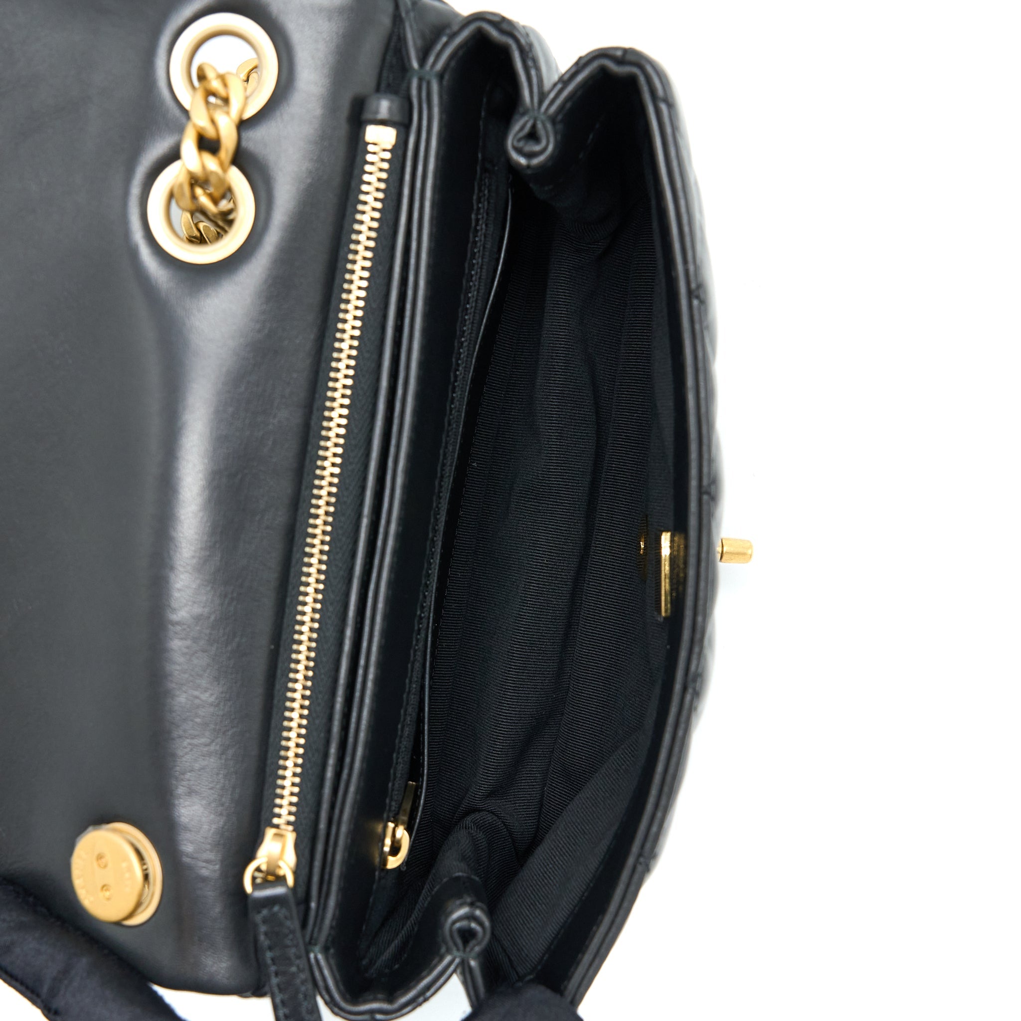 CHANEL 22K GOLD PILLAR ADJUSTMENT CHAIN FLAP BAG LAMBSKIN BLACK GHW (MICROCHIP)