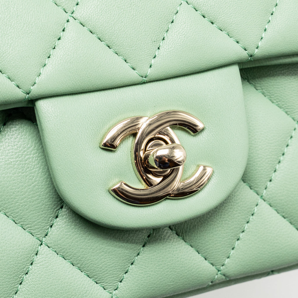 CHANEL 23P TOP HANDLE MINI RECTANGULAR LAMBSKIN LIGHT GREEN LGHW (MICROCHIP)