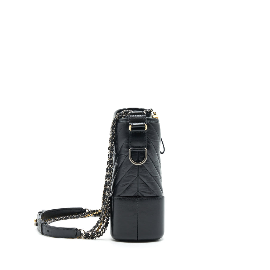 CHANEL LARGE GABRIELLE HOBO BAG CHEVRON CALFSKIN BLACK WITH GOLD/SLIVER HARDWARE