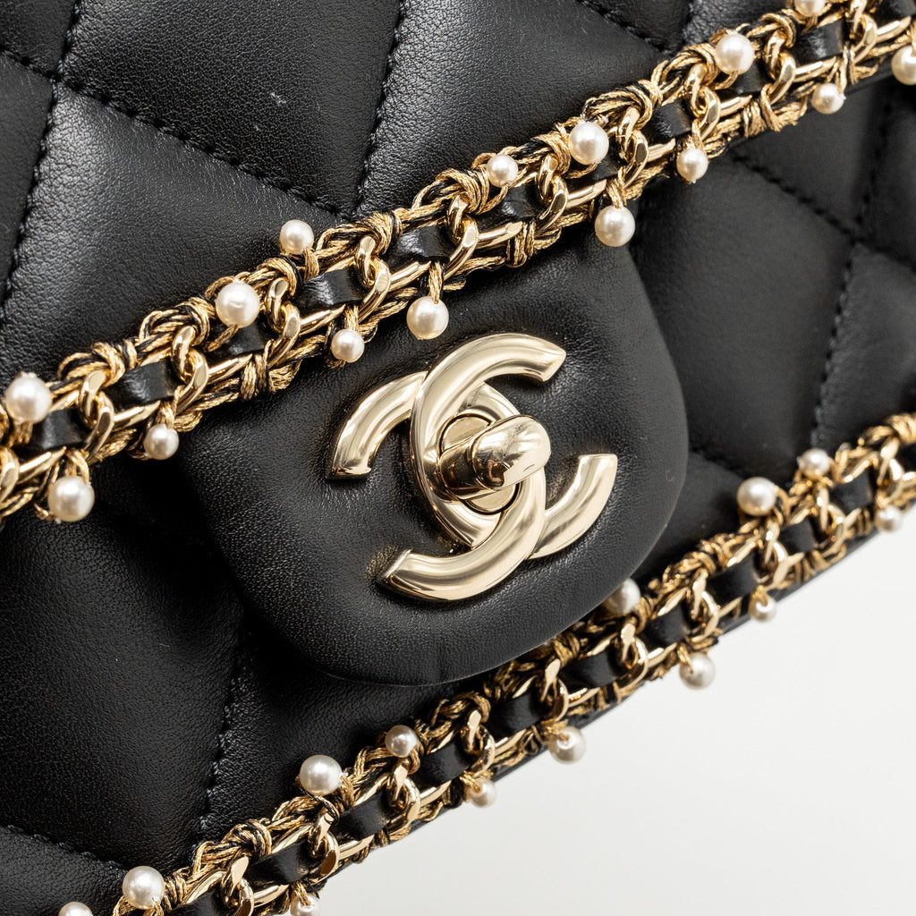 CHANEL PEARL DETAILED EDGE MINI FLAP BAG LAMBSKIN BLACK LGHW (MICROCHIP)