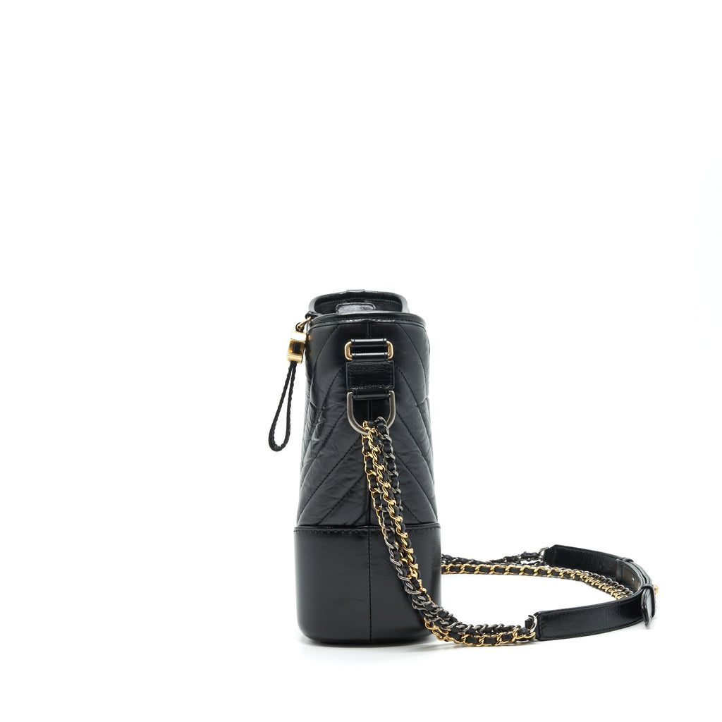 CHANEL LARGE GABRIELLE HOBO BAG CHEVRON CALFSKIN BLACK WITH GOLD/SLIVER HARDWARE