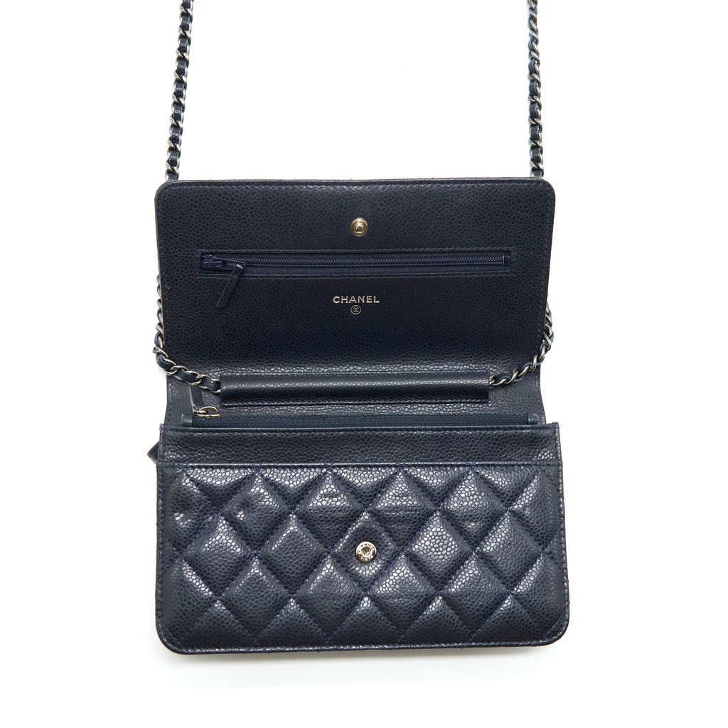 CHANEL CLASSIC WALLET ON CHAIN CAVIAR NAVY RUTHENIUM HARDWARE
