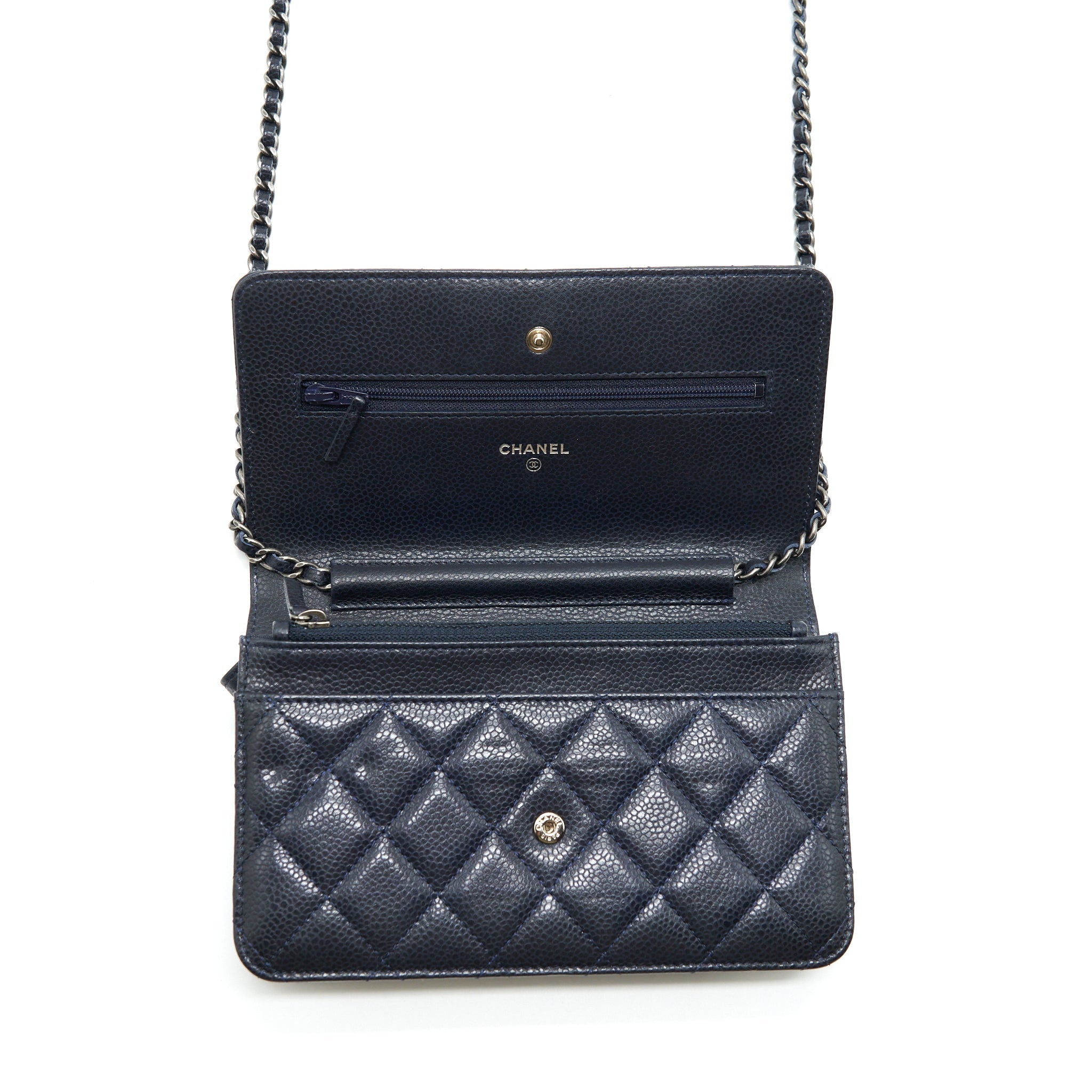 CHANEL CLASSIC WALLET ON CHAIN CAVIAR NAVY RUTHENIUM HARDWARE