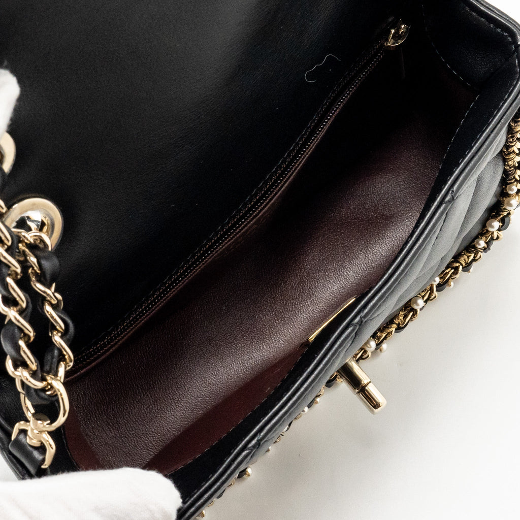 CHANEL PEARL DETAILED EDGE MINI FLAP BAG LAMBSKIN BLACK LGHW (MICROCHIP)