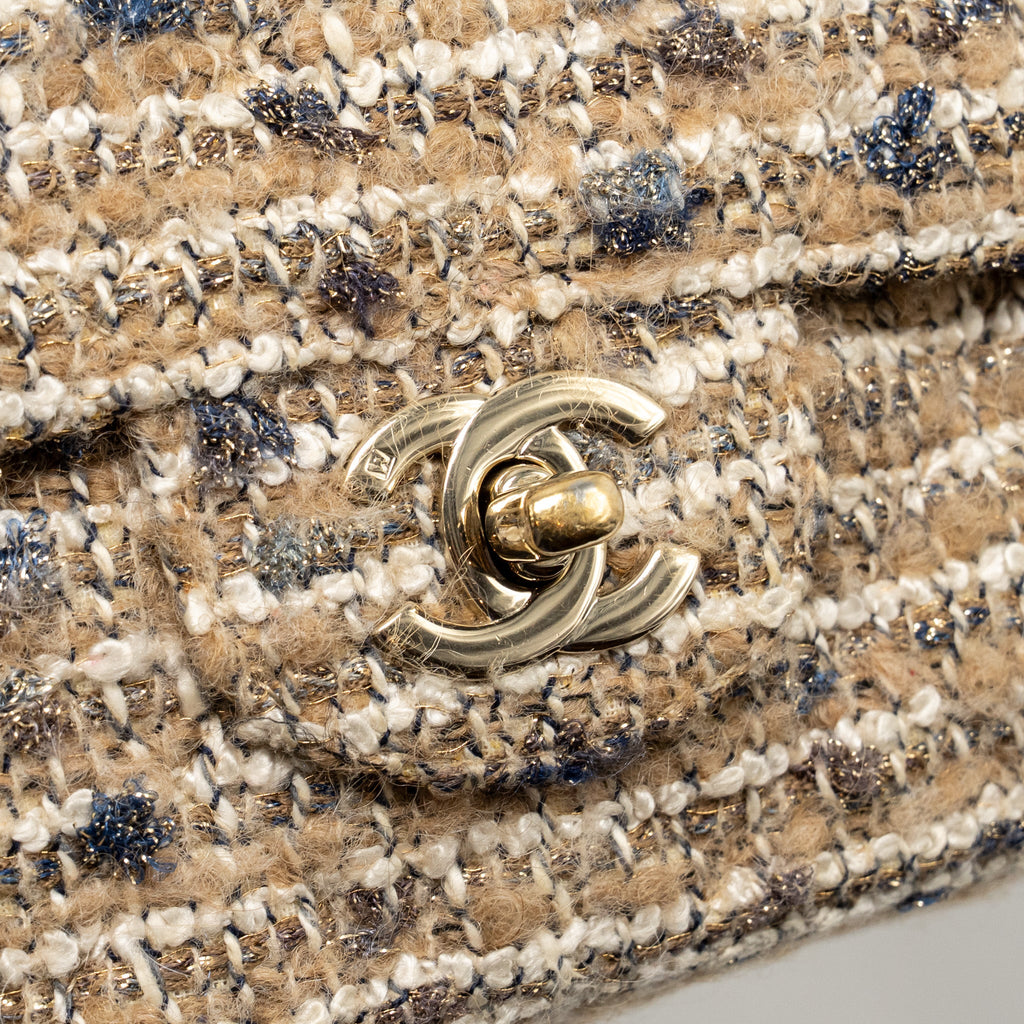 CHANEL MEDIUM CLASSIC DOUBLE FLAP BAG TWEED BEIGE/ECRU/GREY LGHW