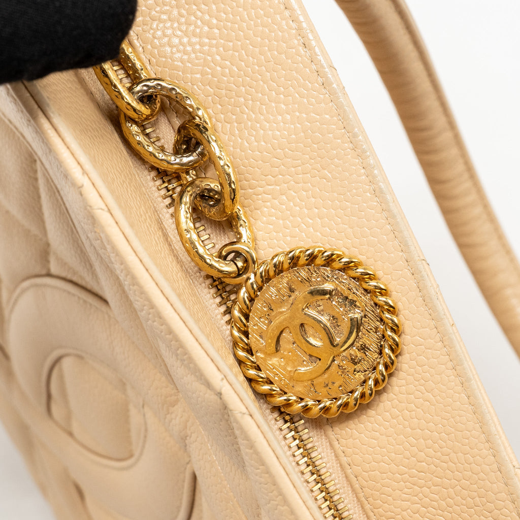 CHANEL VINTAGE MEDALLION TOTE BAG CAVIAR BEIGE GHW