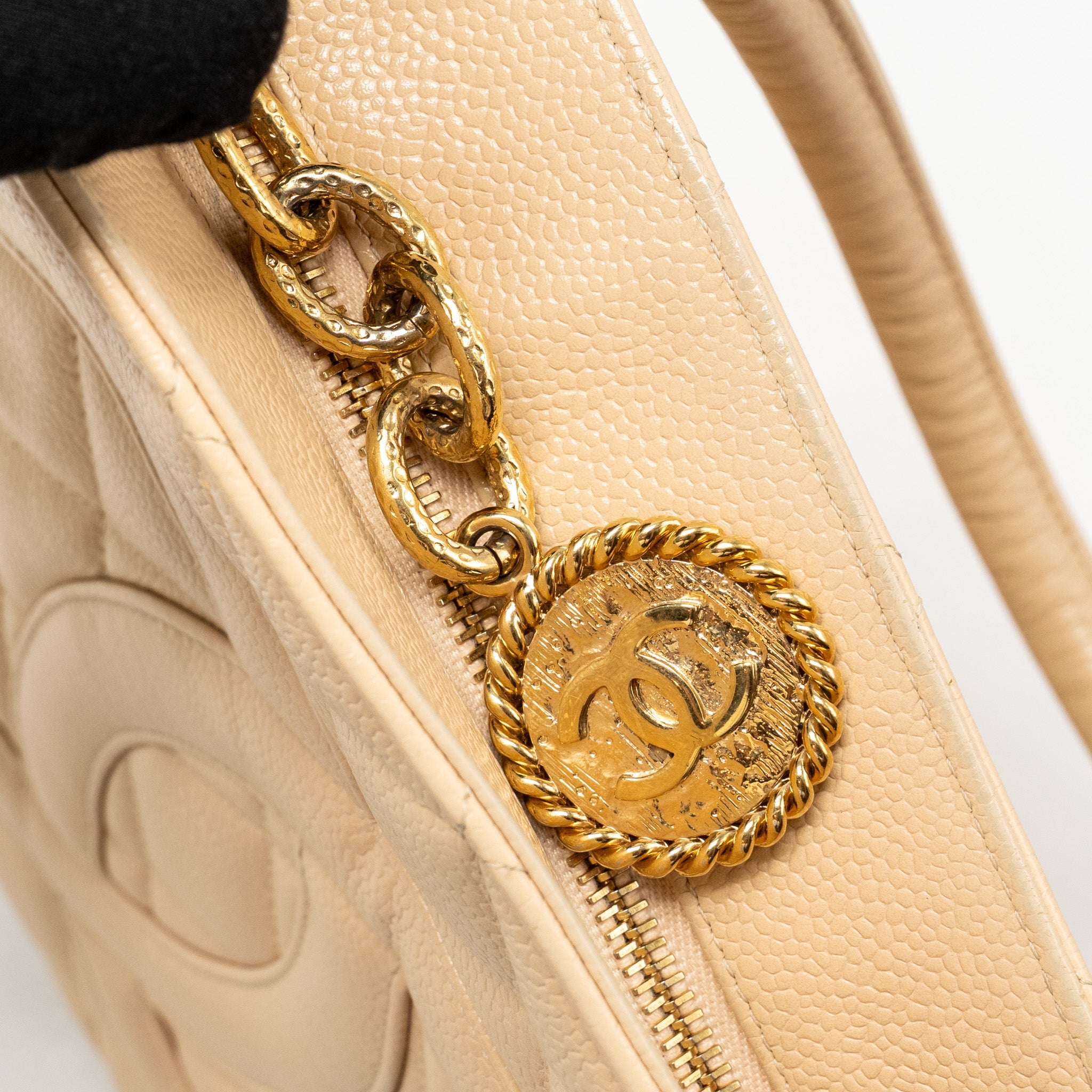 CHANEL VINTAGE MEDALLION TOTE BAG CAVIAR BEIGE GHW