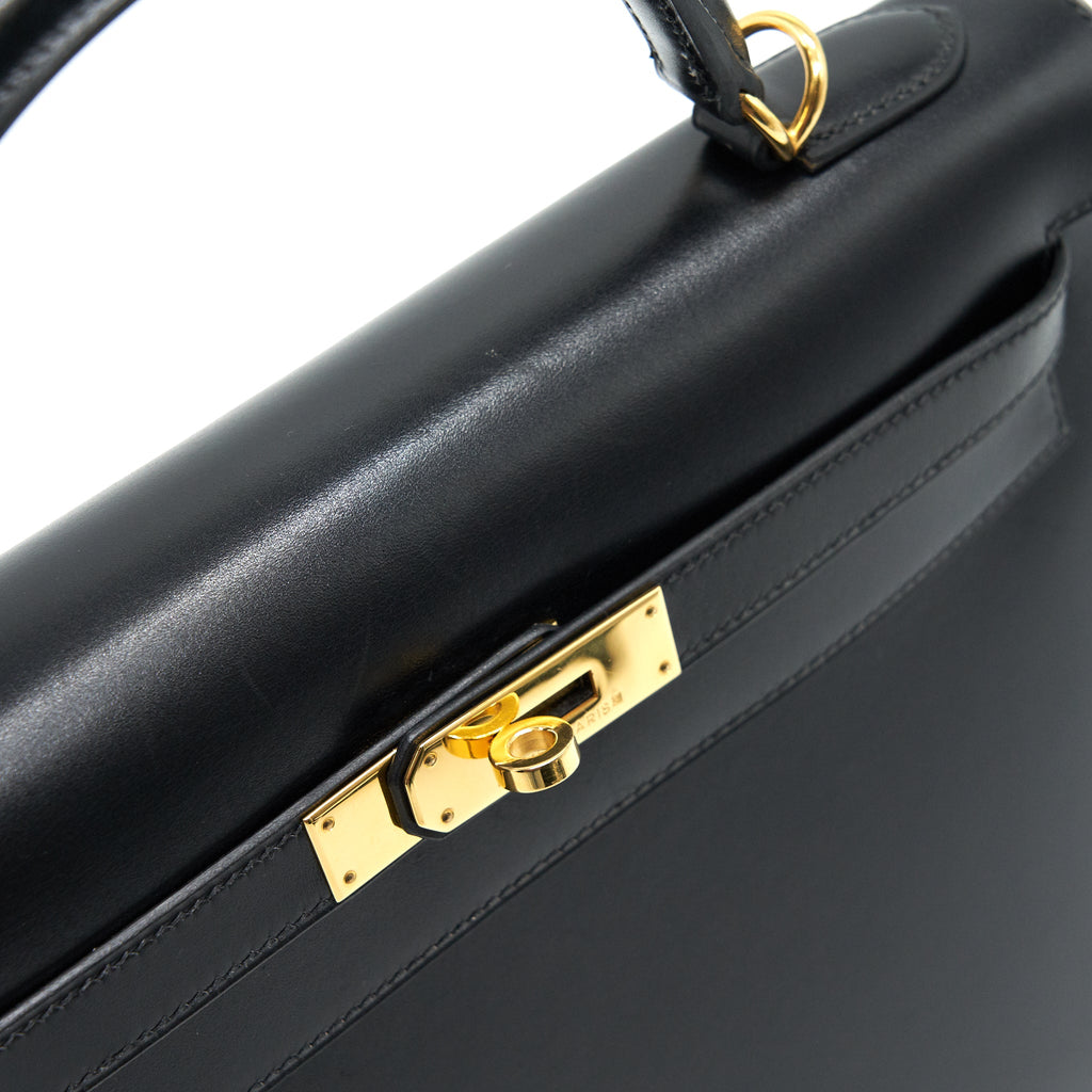 HERMES KELLY32 BOX LEATHER BLACK GHW (SHOULDER STAP MISSING)