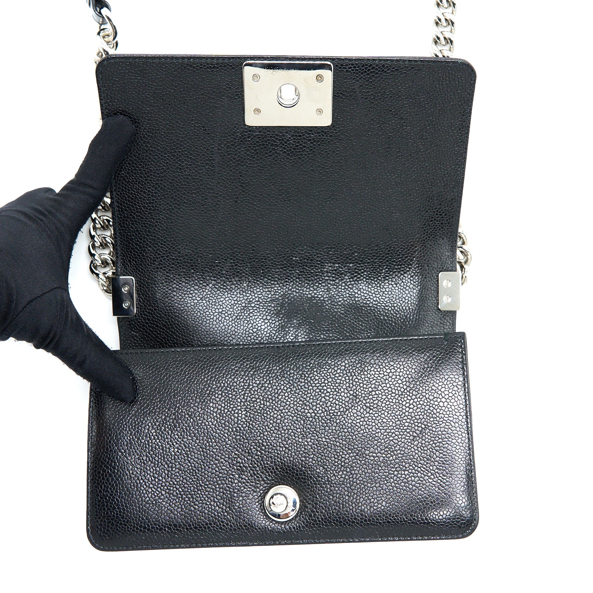 CHANEL SMALL CHEVRON BOY BAG SHINY GRAINED CALFSKIN BLACK SHW