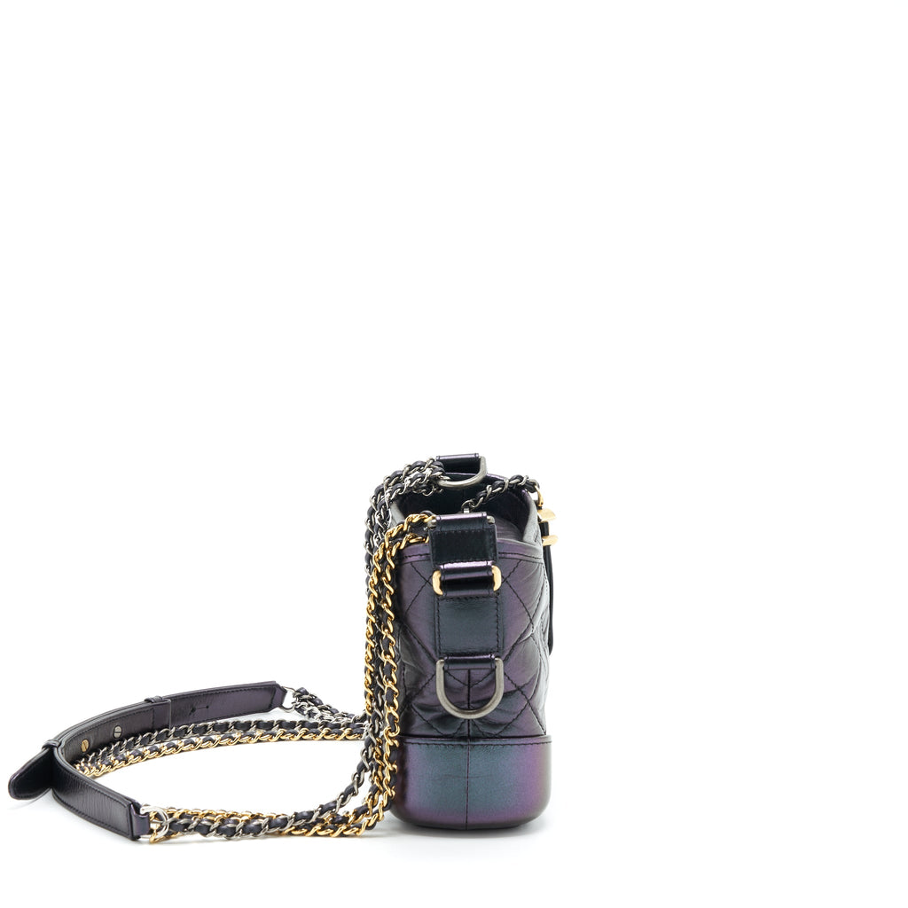 CHANEL SMALL GABRIELLE HOBO BAG LAMBSKIN IRIDESCENT PURPLE WITH GOLD/SILVER HARDWARE