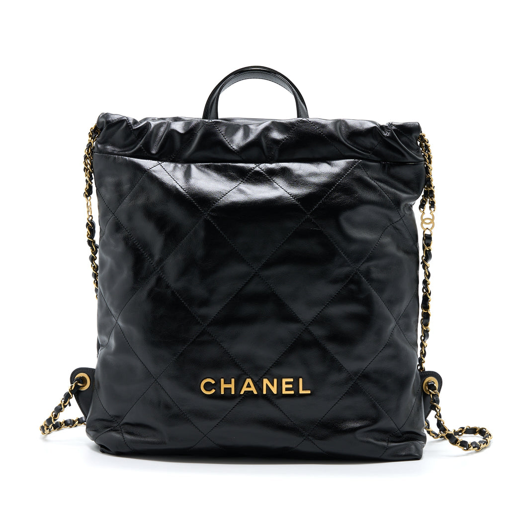 CHANEL 22 BACKPACK SHINY CALFSKIN BLACK BRUSHED GHW (MICROCHIP)