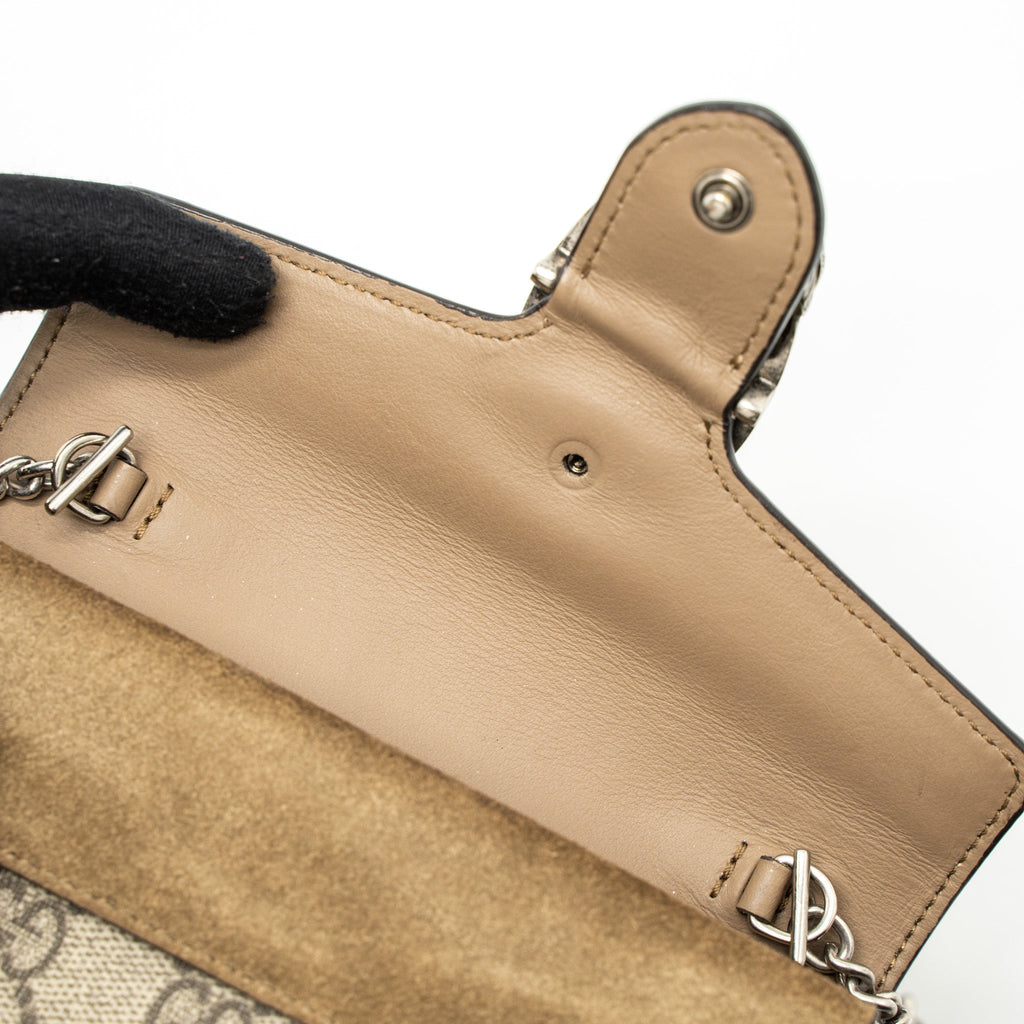GUCCI DIONYSUS SUPER MINI BAG GG SUPREME/SUEDE BEIGE SHW