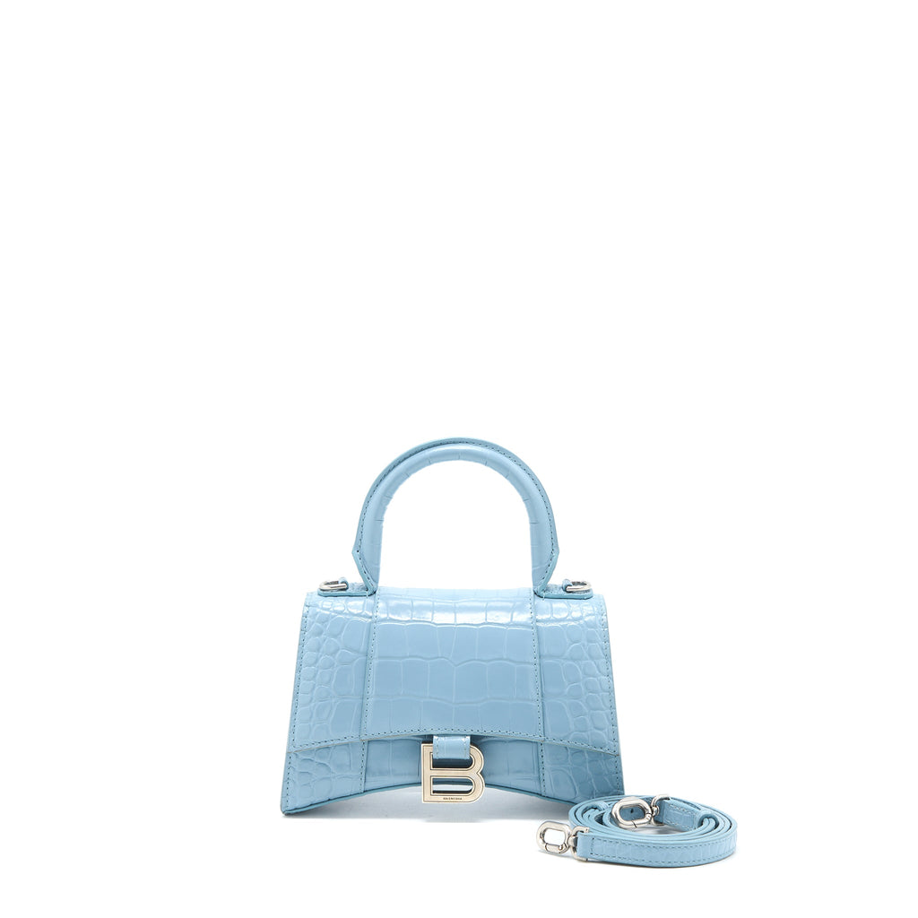 BALENCIAGA HOURGLASS XS CRO-EMBOSSED CALFSKIN LIGHT BLUE SHW