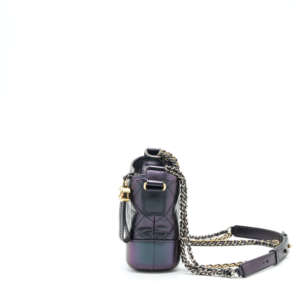 CHANEL SMALL GABRIELLE HOBO BAG LAMBSKIN IRIDESCENT PURPLE WITH GOLD/SILVER HARDWARE