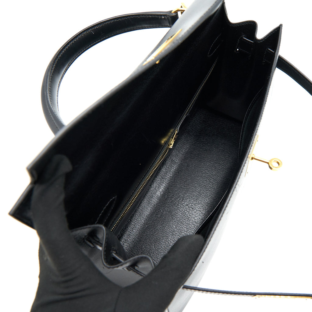 HERMES KELLY32 BOX LEATHER BLACK GHW (SHOULDER STAP MISSING)