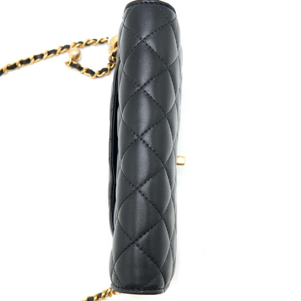 CHANEL PEARL CRUSH WALLET ON CHAIN LAMBSKIN BLACK BRUSHED GHW (MICROCHIP)