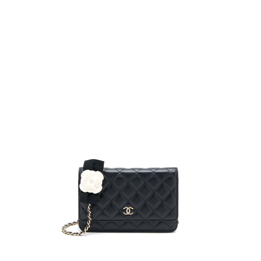 CHANEL QUILTED WALLET ON CHAIN WITH CAMELLIA CHAIN LAMBSKIN BLACK LGHW