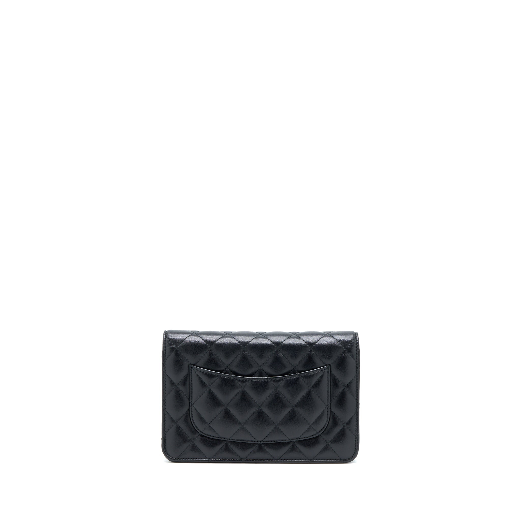 CHANEL QUILTED WALLET ON CHAIN WITH CAMELLIA CHAIN LAMBSKIN BLACK LGHW