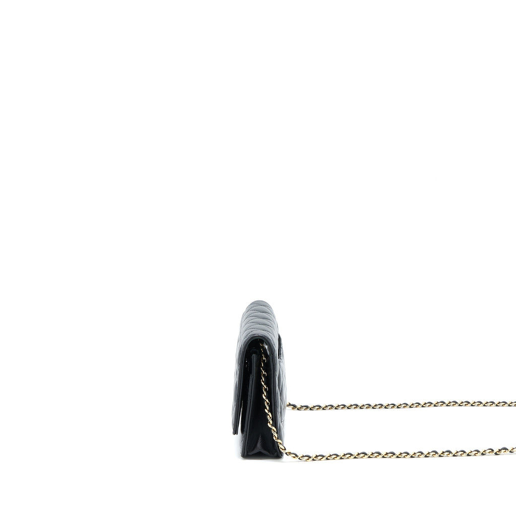 CHANEL QUILTED WALLET ON CHAIN WITH CAMELLIA CHAIN LAMBSKIN BLACK LGHW