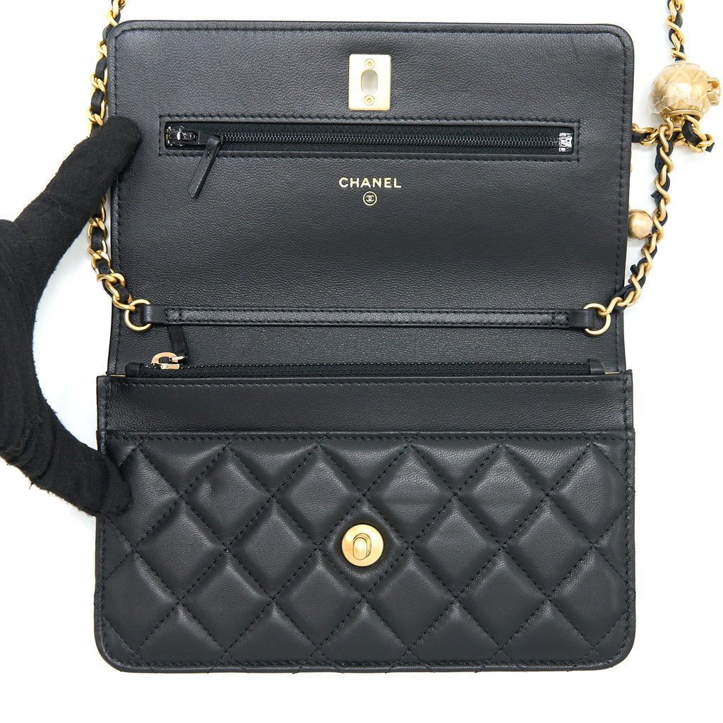 CHANEL PEARL CRUSH WALLET ON CHAIN LAMBSKIN BLACK BRUSHED GHW (MICROCHIP)