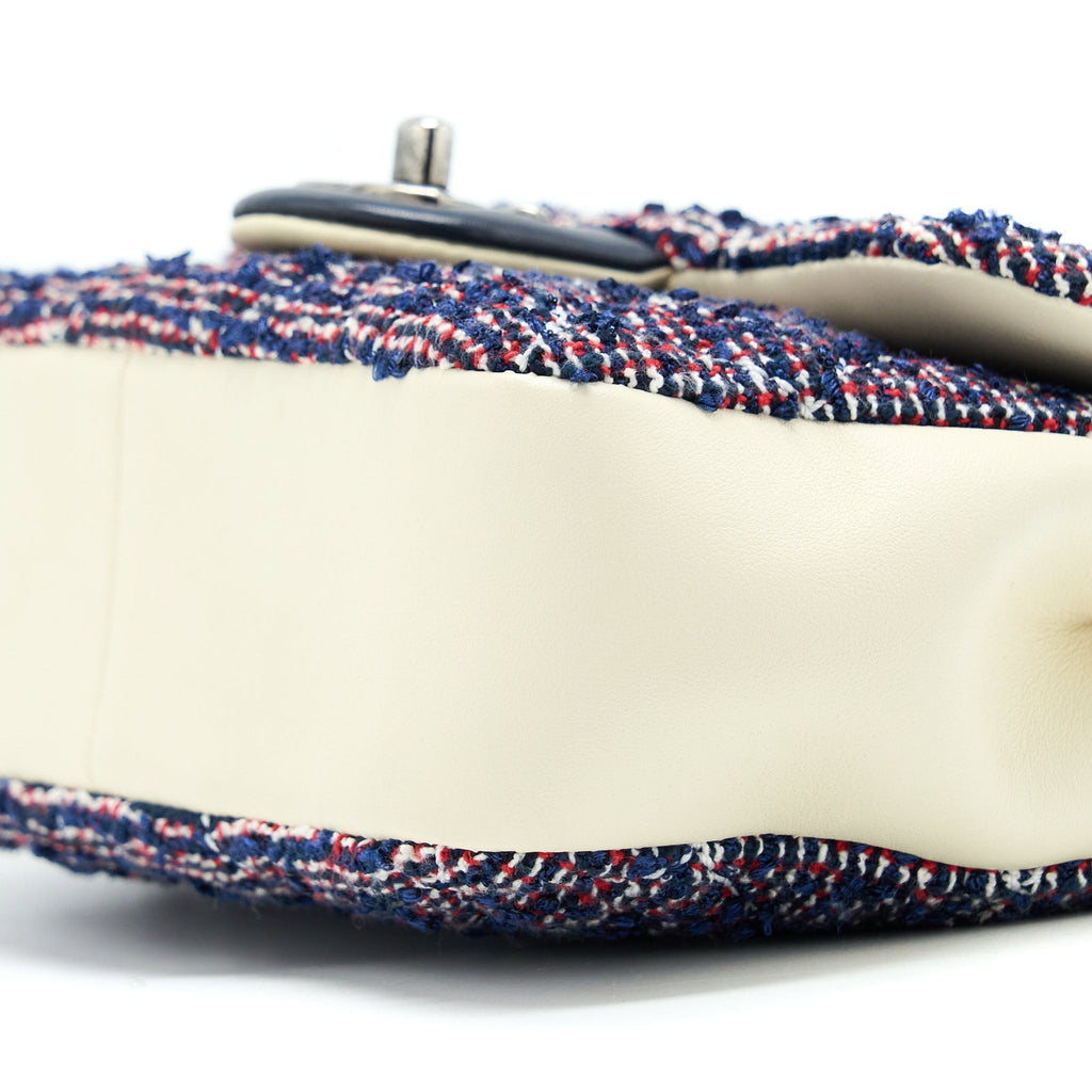 CHANEL SEASONAL MINI RECTANGULAR FLAP BAG TWEED BLUE/ RED/ WHITE RUTHENIUM HARDWARE
