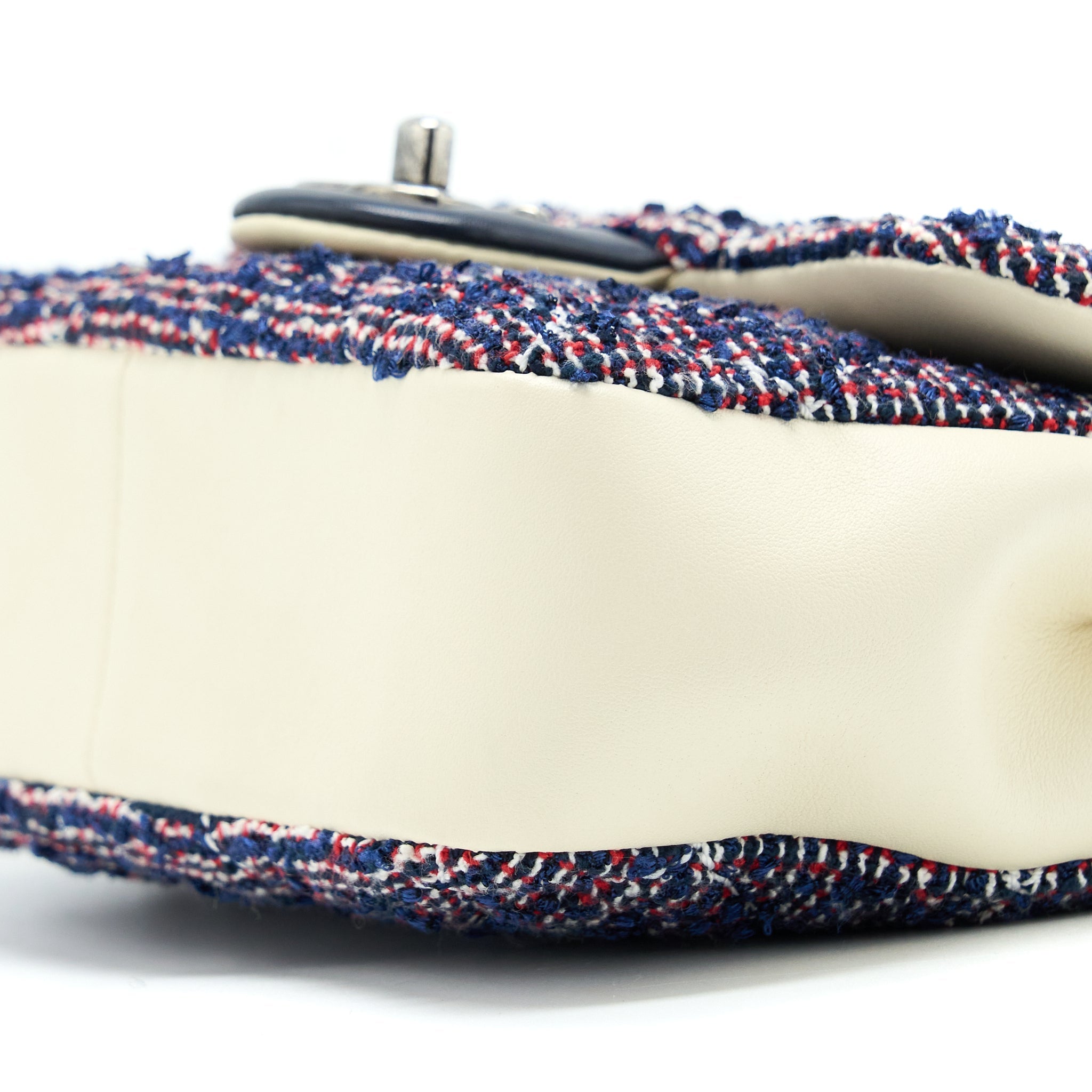 CHANEL SEASONAL MINI RECTANGULAR FLAP BAG TWEED BLUE/ RED/ WHITE RUTHENIUM HARDWARE