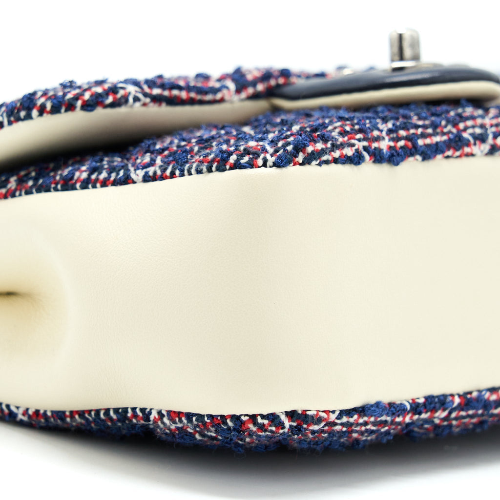 CHANEL SEASONAL MINI RECTANGULAR FLAP BAG TWEED BLUE/ RED/ WHITE RUTHENIUM HARDWARE