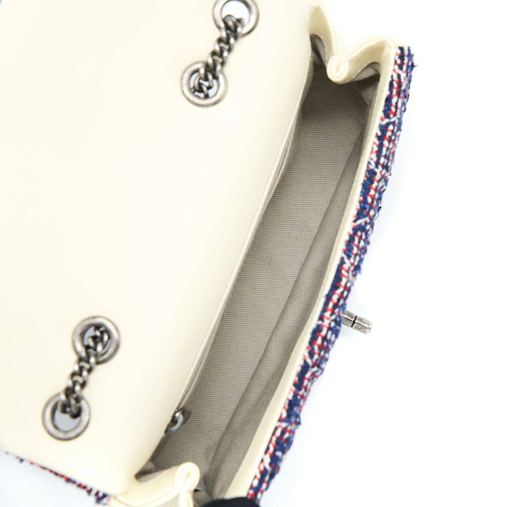 CHANEL SEASONAL MINI RECTANGULAR FLAP BAG TWEED BLUE/ RED/ WHITE RUTHENIUM HARDWARE