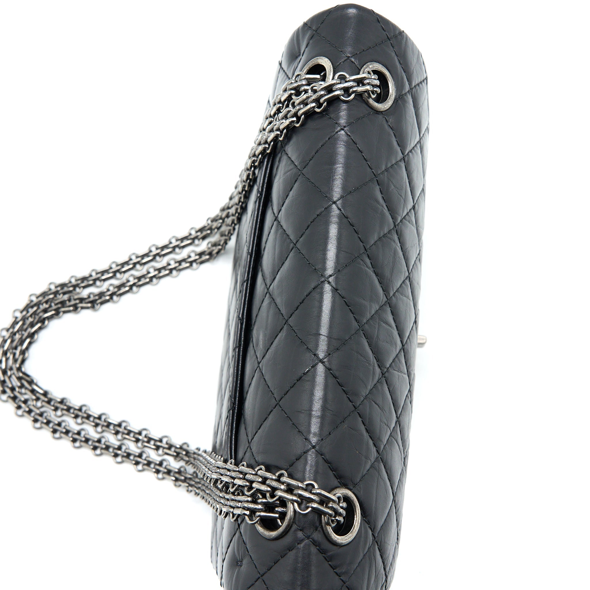 CHANEL SMALL 2.55 225 REISSUE FLAP BAG AGED CALFSKIN BLACK RUTHENIUM SHW