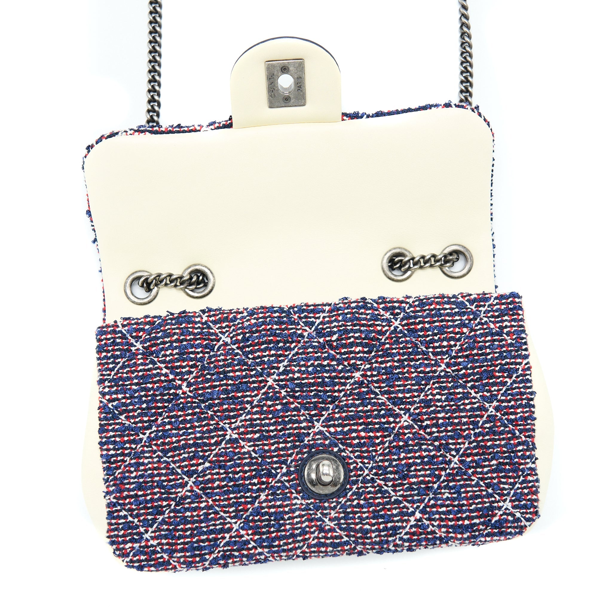 CHANEL SEASONAL MINI RECTANGULAR FLAP BAG TWEED BLUE/ RED/ WHITE RUTHENIUM HARDWARE
