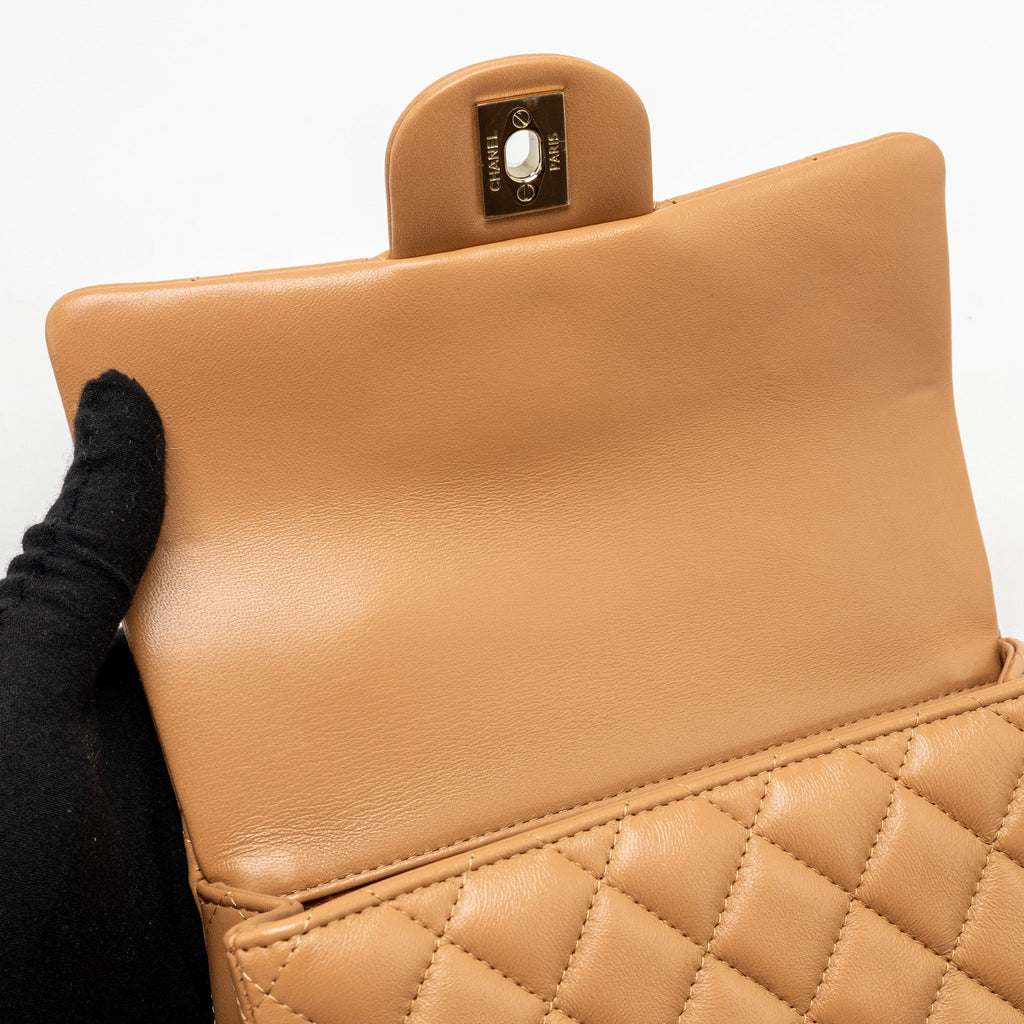 CHANEL TOP HANDLE MINI RECTANGULAR FLAP BAG LAMBSKIN CARAMEL LGHW(MICROCHIP)