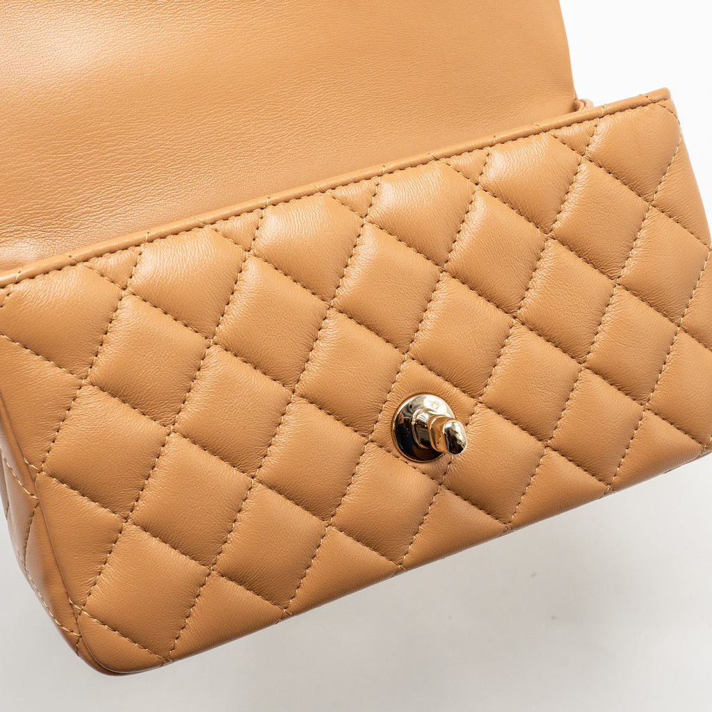 CHANEL TOP HANDLE MINI RECTANGULAR FLAP BAG LAMBSKIN CARAMEL LGHW(MICROCHIP)