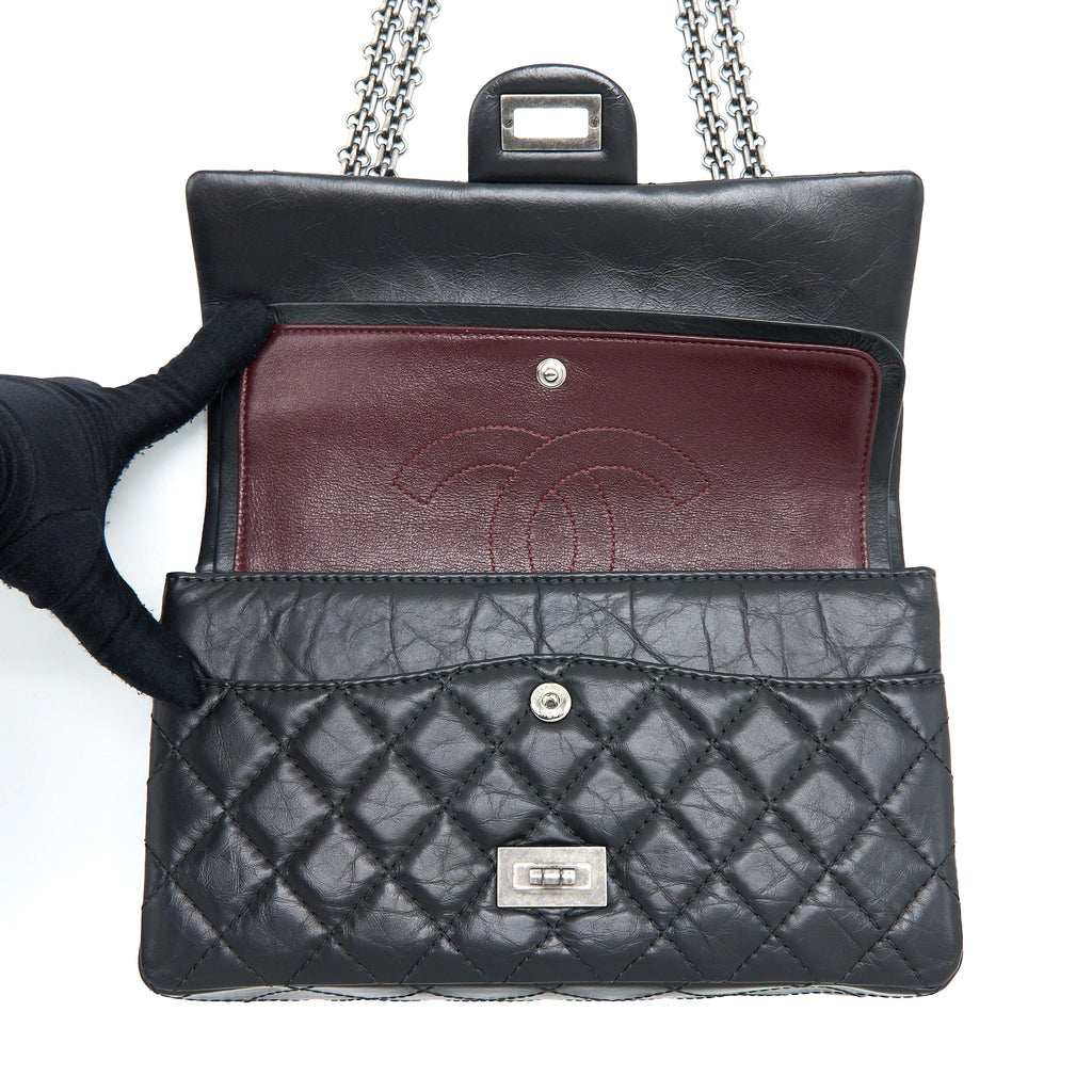 CHANEL SMALL 2.55 225 REISSUE FLAP BAG AGED CALFSKIN BLACK RUTHENIUM SHW
