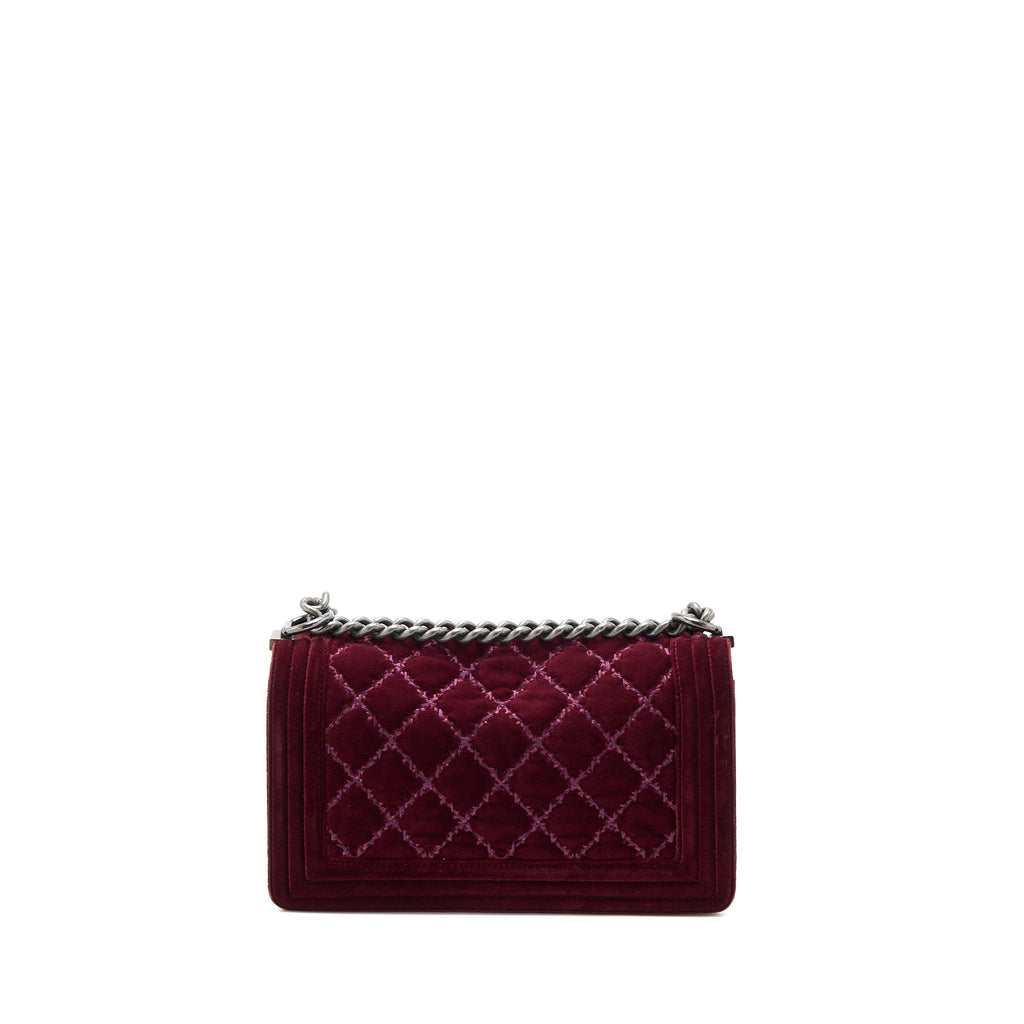 CHANEL MEDIUM BOY BAG VELVET DARK RED RUTHENIUM SHW