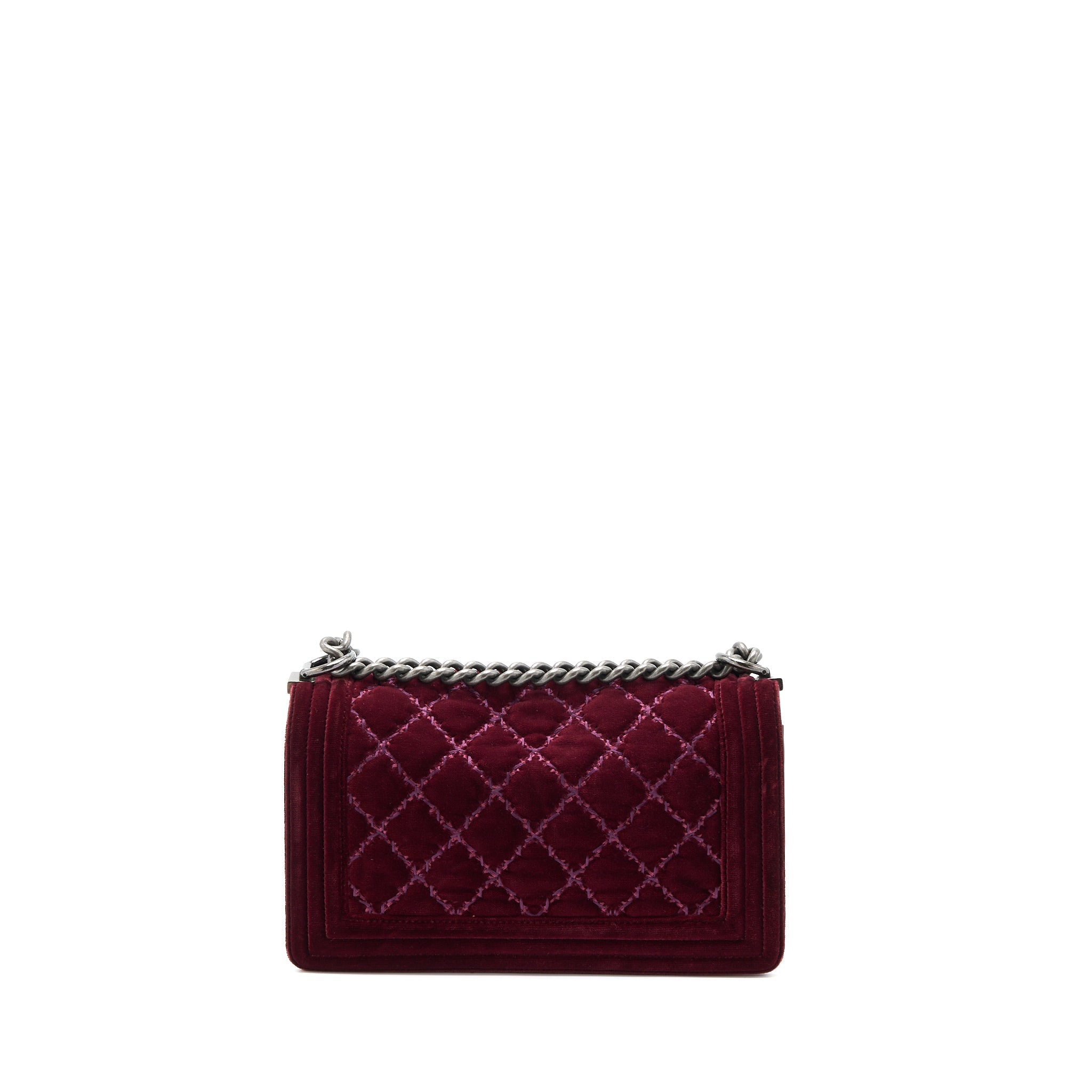 CHANEL MEDIUM BOY BAG VELVET DARK RED RUTHENIUM SHW