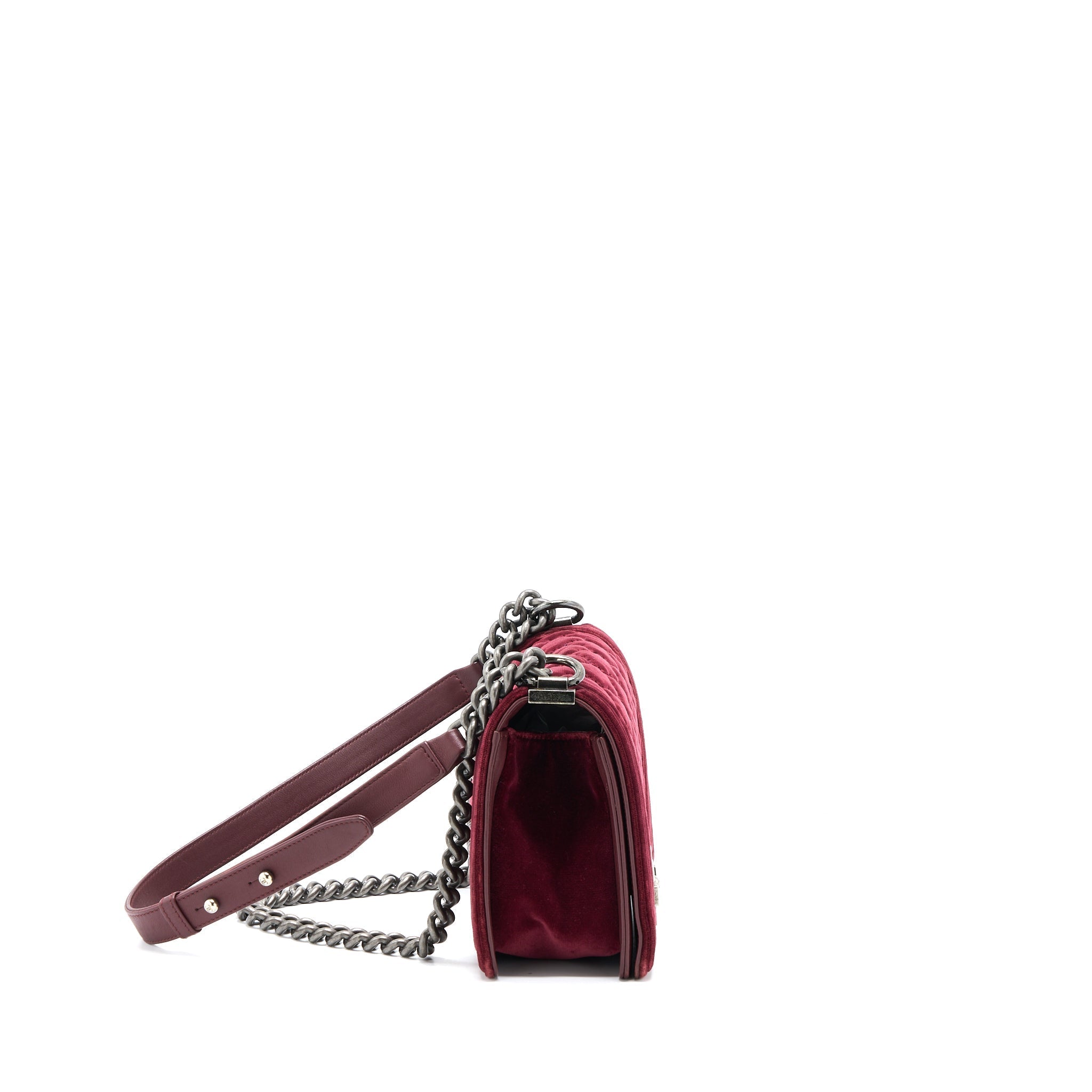 CHANEL MEDIUM BOY BAG VELVET DARK RED RUTHENIUM SHW