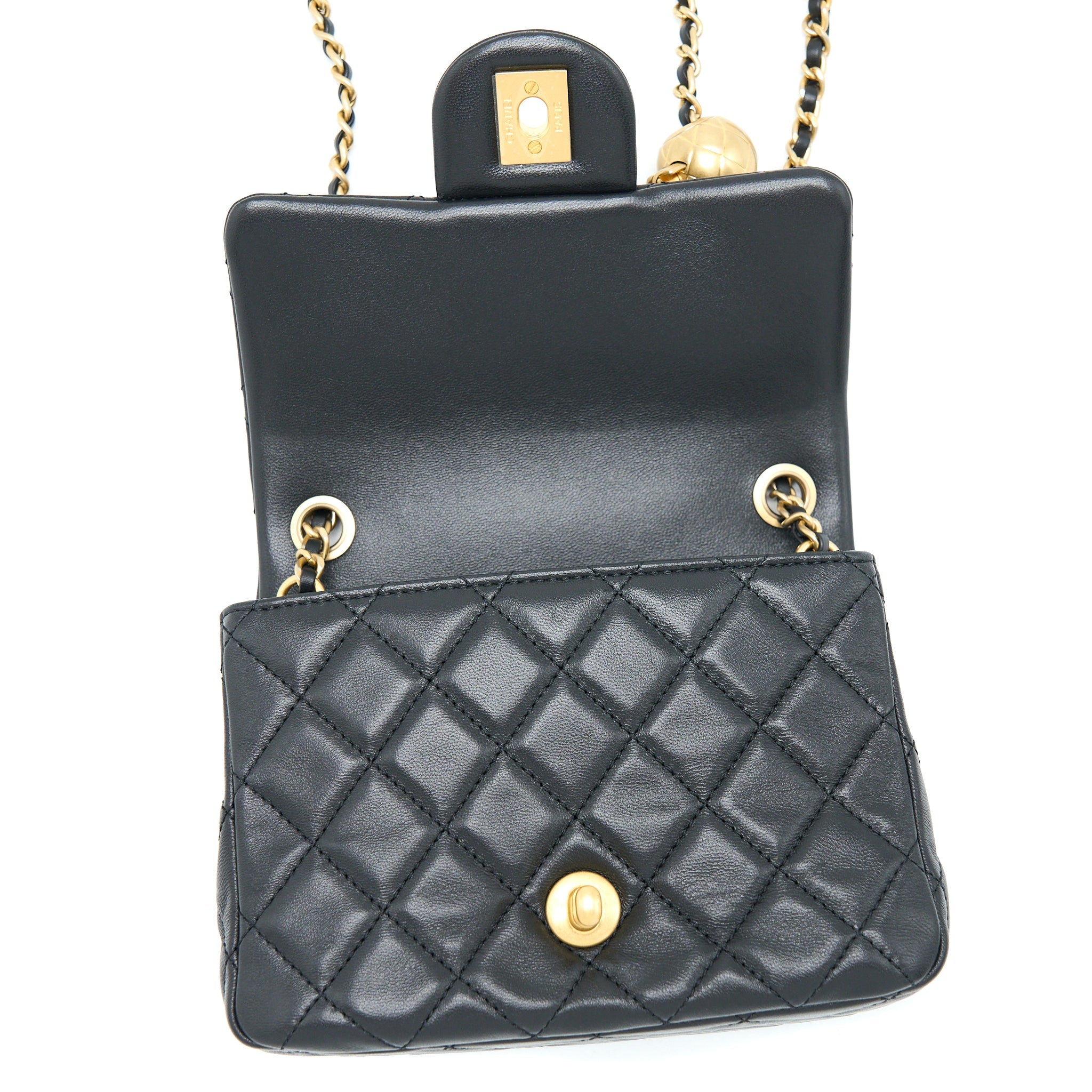 CHANEL PEARL CRUSH MINI SQUARE LAMBSKIN BLACK BRUSHED GHW (MICROCHIP)