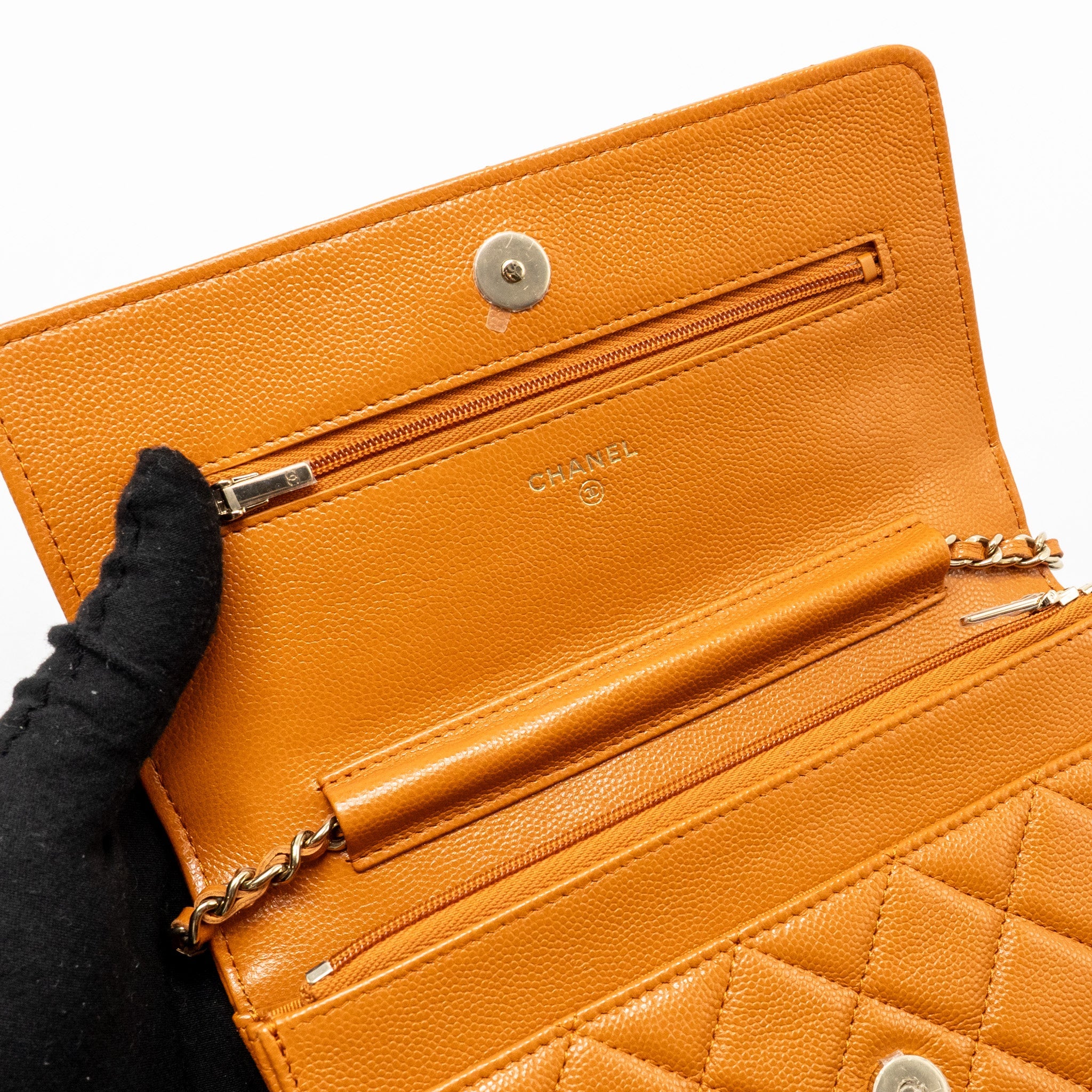 CHANEL CLASSIC WALLET ON CHAIN CAVIAR CARAMEL GHW (MICROCHIP)