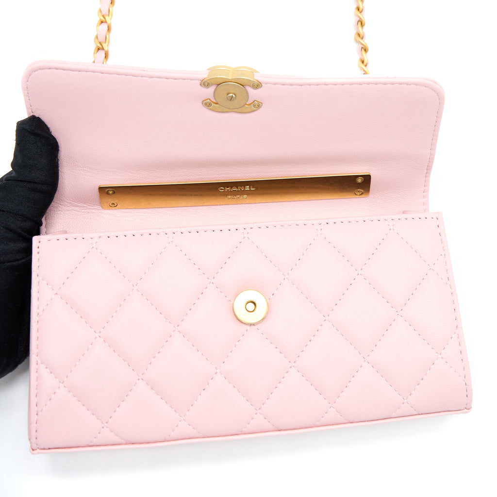 CHANEL 22B FLAP BAG ENAMEL/CC LOGO TOP HANDLE LAMBSKIN NJ523 LIGHT PINK BRUSHED GHW