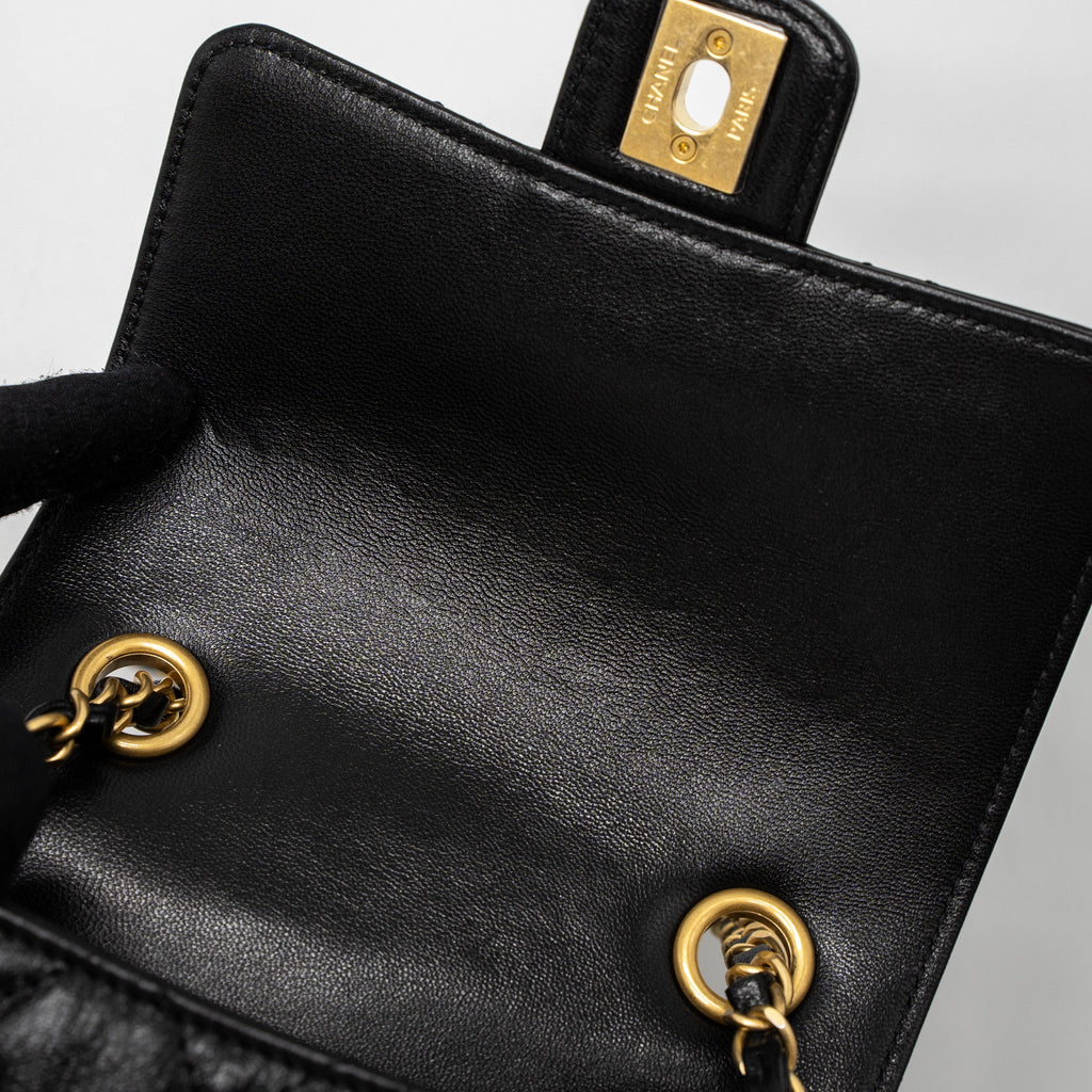 CHANEL 22K RETRO NEW CLASSIC SQUARE MINI FLAP BAG GOATSKIN BLACK BRUSHED GHW (MICROCHIP)