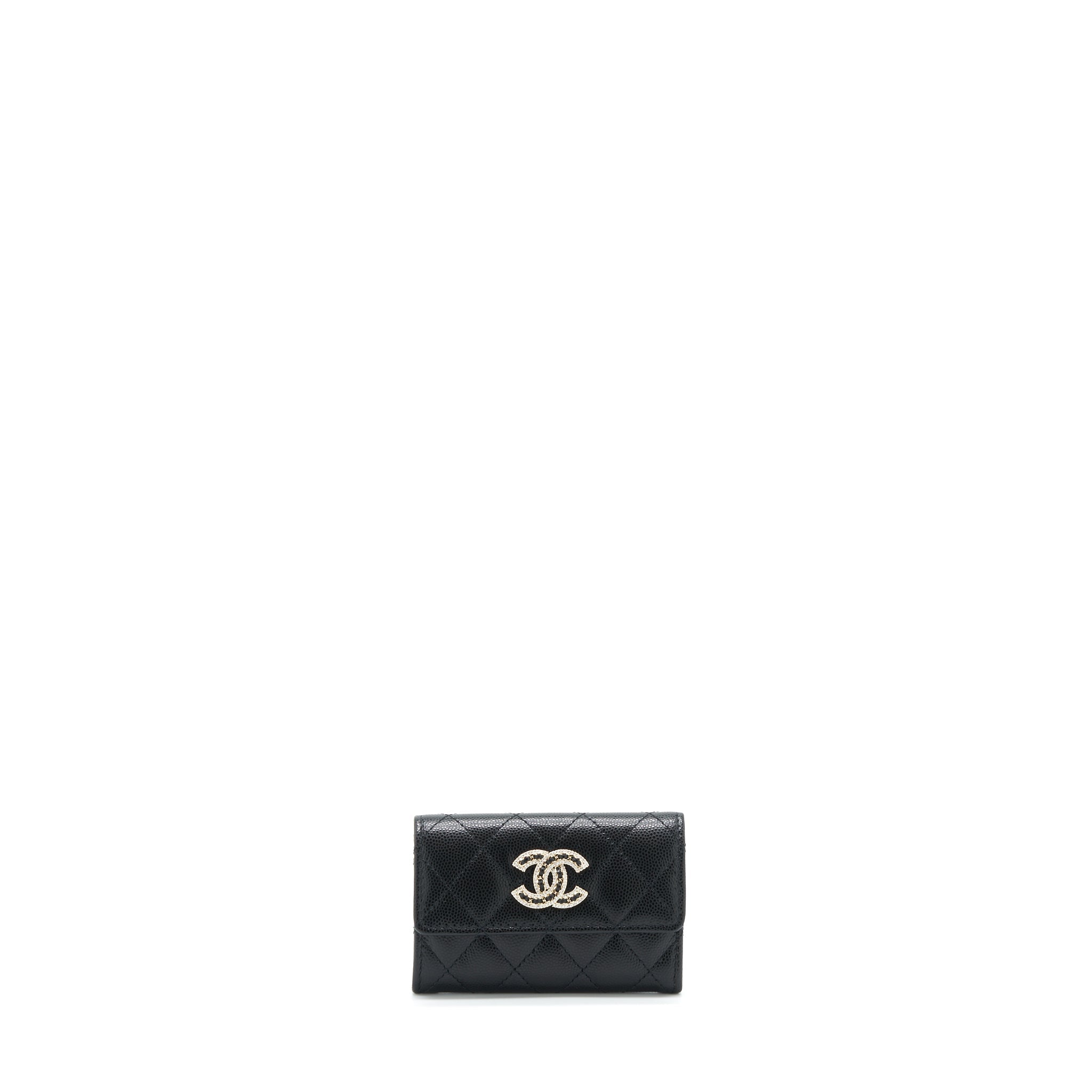 CHANEL 22S DETAILED LOGO MINI FLAP CARD HOLDER CAVIAR BLACK LGHW